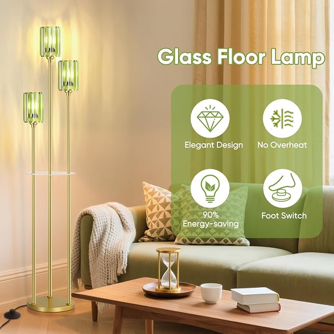 Crystal Floor Lamps for Living Room, Glass Modern Floor Lamp with Shelves, Mid Century Standing Lamps with Table, Brass Tall Lamp with Crystal Shade Vintage Retro Corner Floor Lamp (Green Cystal Gold)