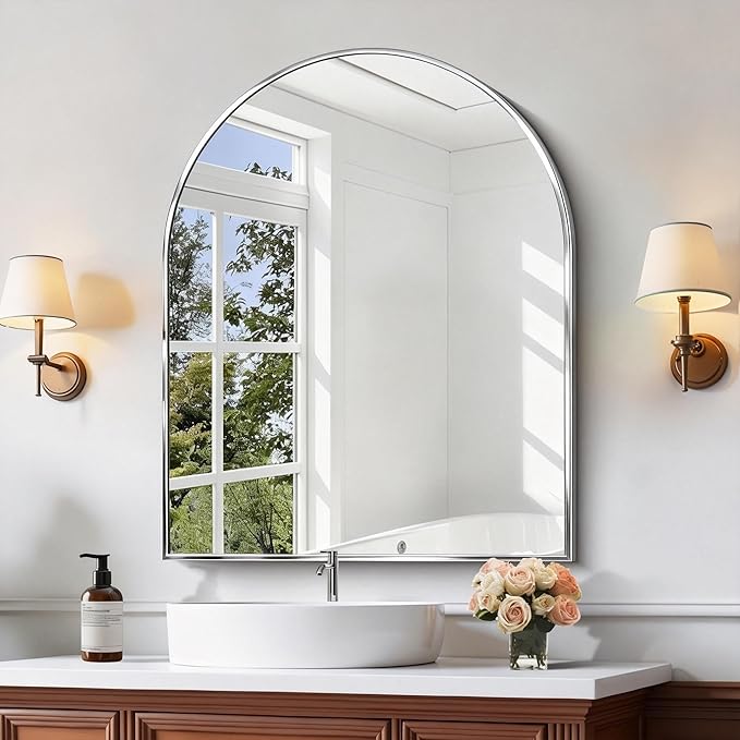 CIRCUMI Arched Wall Mirror, 30"x36" Silver Arched Mirror with Tempered Glass, Metal Frame, Large Size for Bathroom, Living Room,Entryway,Over Sink, Arch Mirror for Decor,Shatterproof&Crystal-Clear