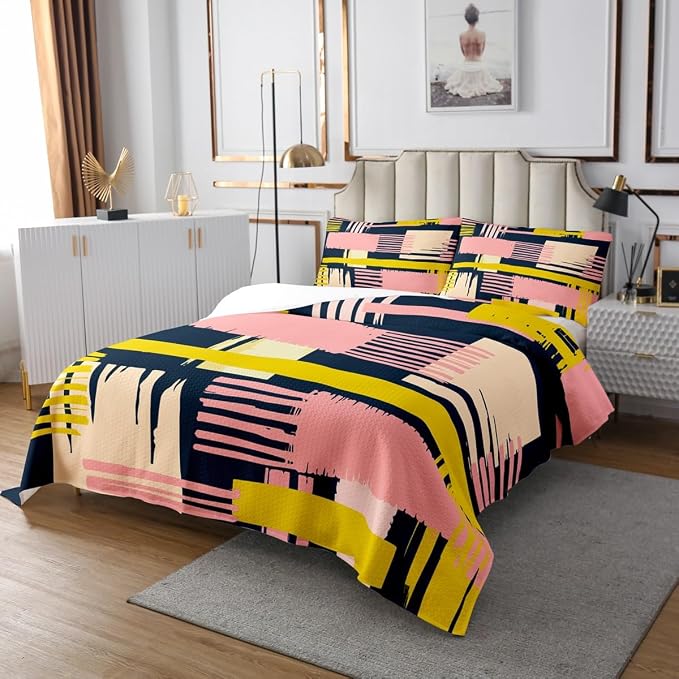Erosebridal Vintage Mid Century Queen Quilt Set Retro Minimalism Coverlet Set Hippie Watercolor Bedding Set Pink Beige Navy Ombre Bedspread Set, Geometric Stripe Patchwork Bed Quilt Abstract Decor