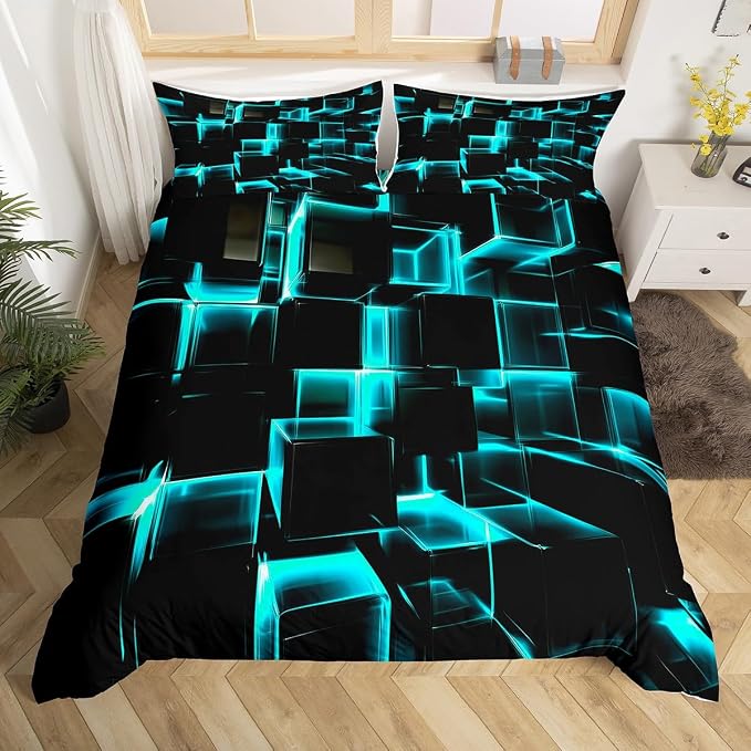 Erosebridal Modern Kids Duvet Cover, 3D Plaid Square Print Queen Size Bed Cover for Teen Boys, Black and Teal Soft Microfiber Bedding Sets for All Seasons, 3 Piece