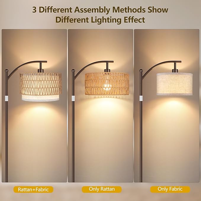 ROTTOGOON Arc Floor Lamps for Living Room, Boho Farmhouse Floor Lamp with Remote & Dimmable Bulb, Standing Lamp with Rattan & Fabric Shades, Adjustable Tall Lamp for Bedroom Office-Brown