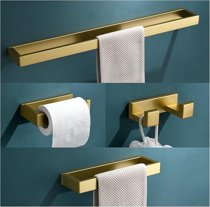 TNOMS 4-Piece Modern Gold Bathroom Hardware Accessories Set - Towel Bar & Holder, Stainless Steel, Wall Mounted, 23.6 Inch