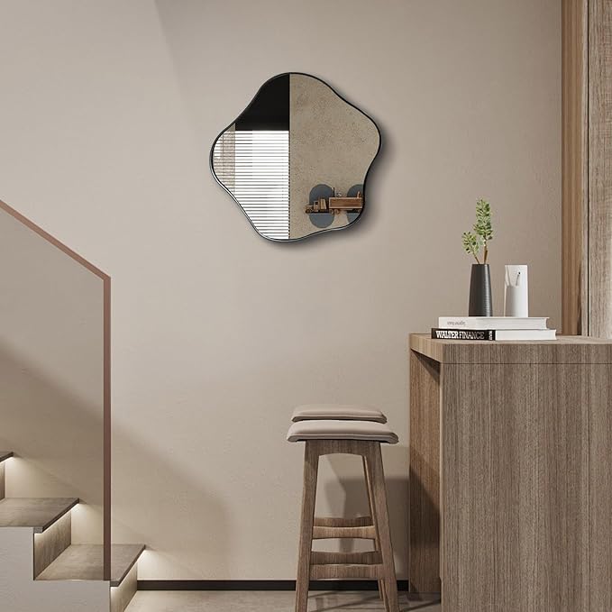 Irregular Round Mirror, 16" Scalloped Mirror for Over Sink, Asymmetrical Wall Mirrors Decorative, Modern Wavy Circle Mirrors for Living Room Bathroom Bedroom Hallway Entryway Fireplace