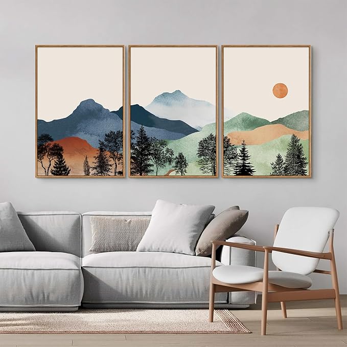 SIGNINART Boho Mountain Framed Canvas Wall Art Set of 3, Watercolor Nature Landscape Art Prints, Modern Sunrise Art Paintings, Green Forest Wall Decor for Living Room, Bedroom, Office 16"x24"x3