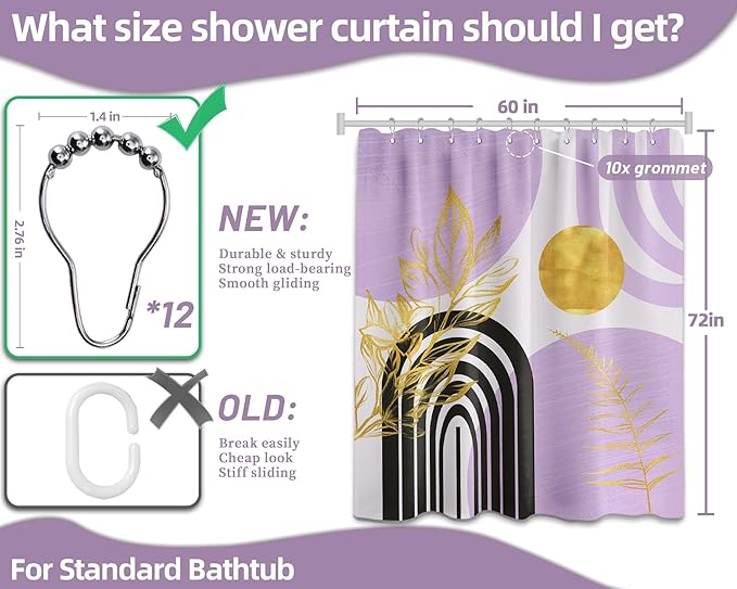 Mid Century Modern Black and Purple Shower Curtain Boho Lavender Light Purple and Gold Shower Curtains for Girls Bathroom Decor Sets, Waterproof Cloth Fabric with Hooks, 48x72in