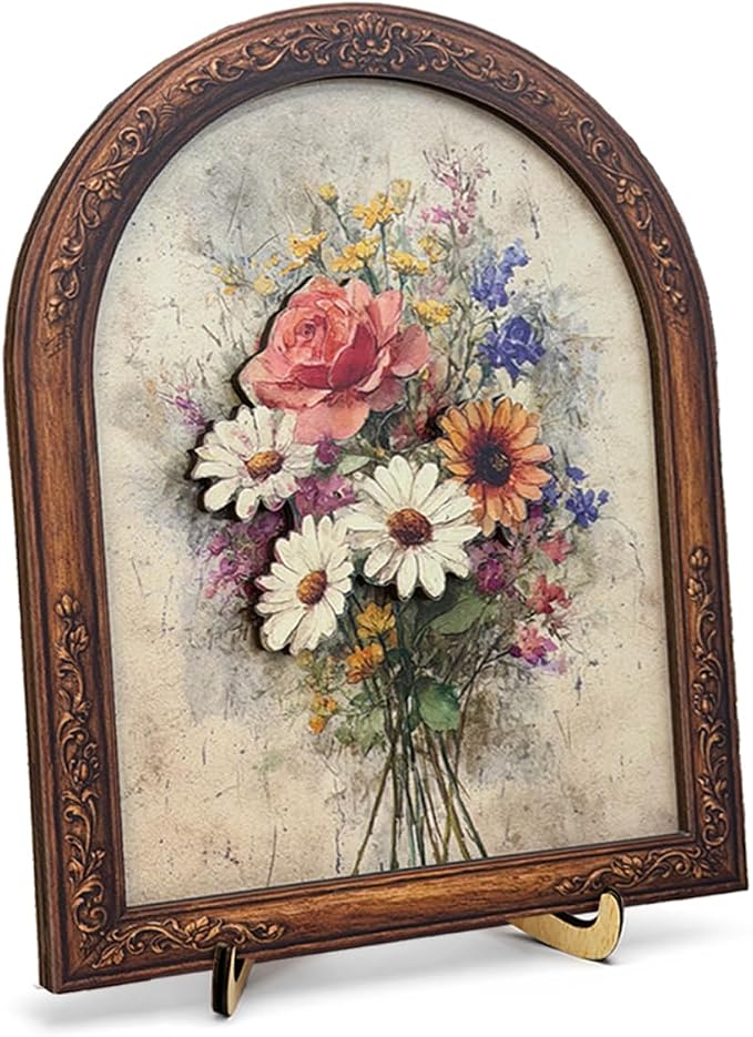 3D Vintage Wildflower Bouquet Desk Decor Sign, Rustic Daisy Rose Floral Framed Wall Art Sign for Home Bedroom Living Room Desk Wall Shelf Farmhouse Aesthetic Decor 8x10 Inch