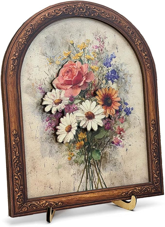 3D Vintage Wildflower Bouquet Desk Decor Sign, Rustic Daisy Rose Floral Framed Wall Art Sign for Home Bedroom Living Room Desk Wall Shelf Farmhouse Aesthetic Decor 8x10 Inch