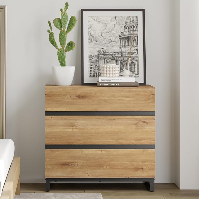 WAMPAT Dresser for Bedroom, Closet Organizers and Storage with 3 Drawers, Chest of Drawers with Metal Base, Modern Wood Dresser for Living Room, Hallway, Entryway, Oak