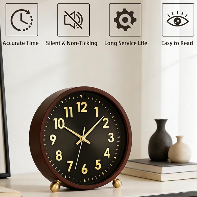 Maxspace Wooden Table Clock,8in Silent Non-Ticking Desk Clockwith Gold Ball Base, Battery Operated Desktop Analog Clock for Living Room Office Bedroom Decor (Black Gold - Walnut, Copper Ball Base)
