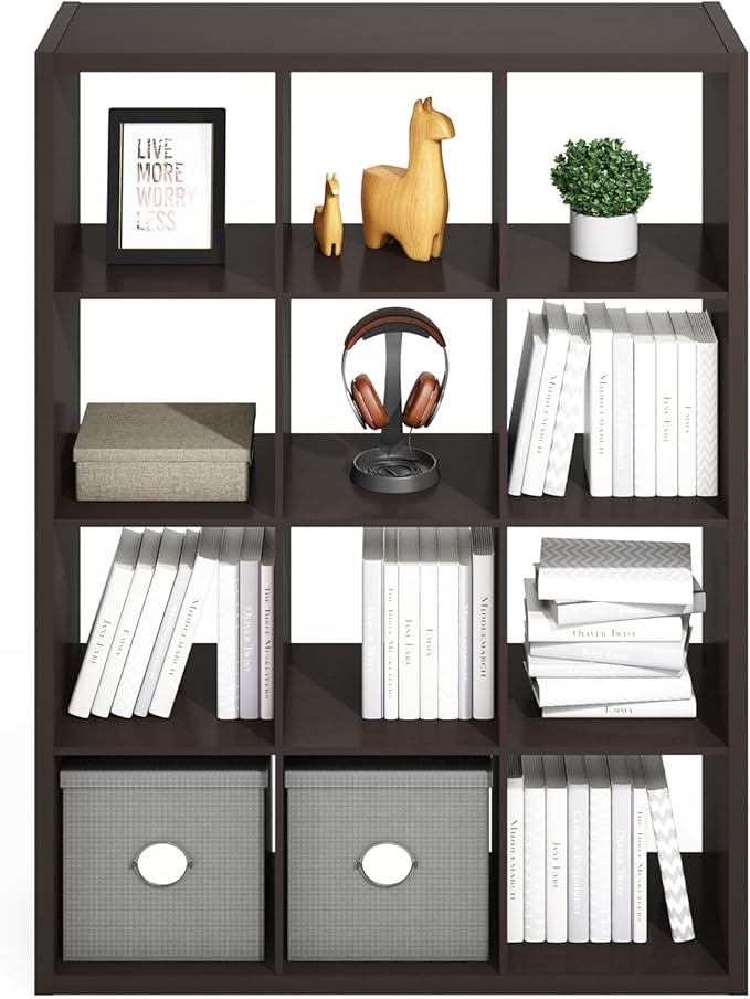 Furinno Simple Cube Storage Organizer, 12-Cube Display Shelf, Open Back Shelving Unit, Storage Shelves, Extra Thick Frame, for Organization and Storage, Living Room, Home Office, Dark Oak