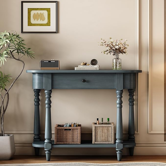 Retro Curved Console Table, 36" Solid Wood Half Moon Console Table Sofa Table Entryway Table with 1 Drawer 1 Open Shelf Roman Legs Curved Corners for Living Room,Entryway,Hallway,Navy
