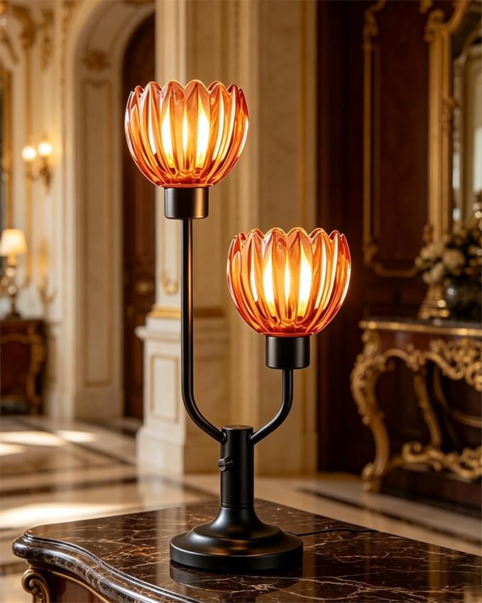 Lightdot Mid Century Modern Flower Table Lamp for Living Room Dimmable Nightstand Lamp Red Glass Vintage Black Desk Lamp 2 Bulbs Included Warmwhite Ambient Bedside Lamps for Bedroom Home Office Decor