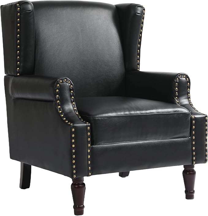 Faux Leather High Back Accent Chairs Set of 2, Upholstered Armchair for Living Room, Retro Wingback Arm Chair Nailhead Trim Single Sofa Bedroom Reading Seat with Solid Wood Legs - Black