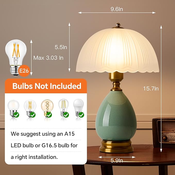 Ceramic Table lamp Set of 2, Modern Bedside Lamps Green Mid Century Vintage Desk Lamp Retro Glass Mushroom Traditional Lamp for Nightstand Living Room Bedroom Home Decor (S04GN-2PACK)