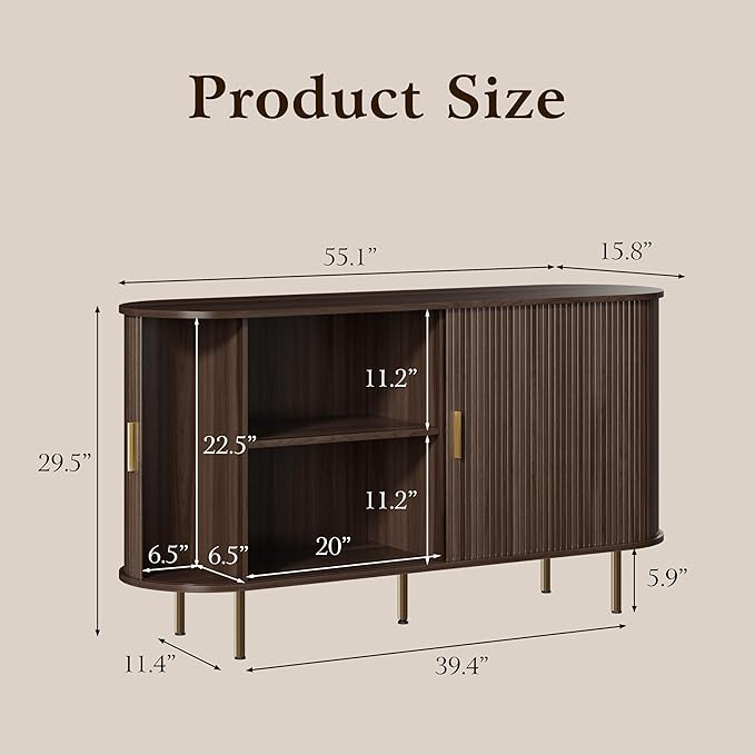 DHH Sideboard Buffet Cabinet with Storage,Mid Century Modern Fluted Accent Coffee Bar Console Table,Tambour Sliding Doors& Adjustable Shelf for Kitchen, Living Room, Entryway(Dark Walnut,55 Inch)