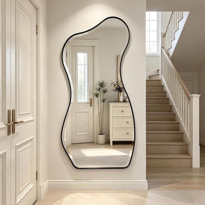 POZINO Large Irregular Beveled Mirror, 63"x32" Asymmetrical Wall Mirror with Metal Frame, Full Length Organic Floor Mirrors for Entryway Living Room Cloakroom Hallway, Leaning/Wall-Mount