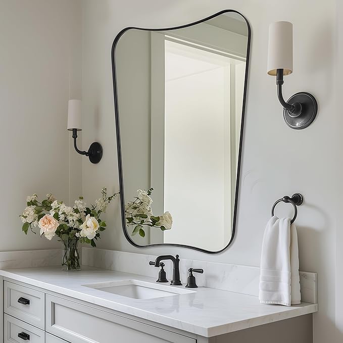 MIRRORTART Contemporary Black Bathroom Wall Mirrors, 24x40'' Asymmetrical Scalloped Butterfly Rectangle Mirror in 1'' Stainless Steel Metal Frame for Home Decor Wall Mounted Vertical Only