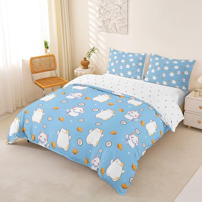 Erosebridal Cute Cat Duvet Cover Full Kawaii Cats Kitten Bedding Set Pet Animals Cat Lovers Comforter Cover for Kids Girls Boys Adults Sushi Snacks Blue Bed Set