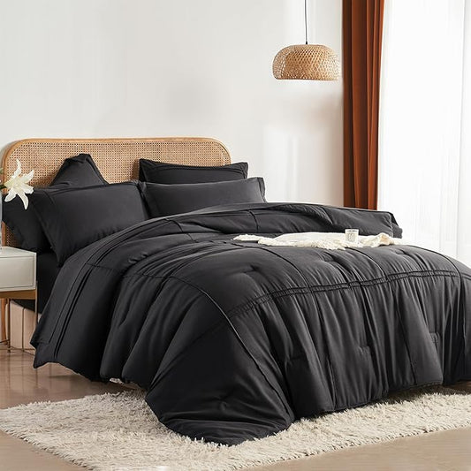 Yogeneg Queen Comforter Set 7 Piece Bed in a Bag,Grid Pinch Pleat Black Bedding Set,Striped Textured Soft Microfiber Comforter with Sheet Set,All Season Complete Bed Set(Black,Queen)