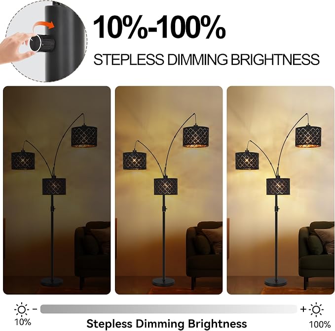 AHDWDW Dimmable Floor Lamp-3 Lights Arc Floor Lamps for Living Room,Modern Tall Standing Lamp with Black Drum Shades,Gothic Mid Century Tree Floor Lamp for Bedroom Corner,3x1000LM LED Bulbs Included