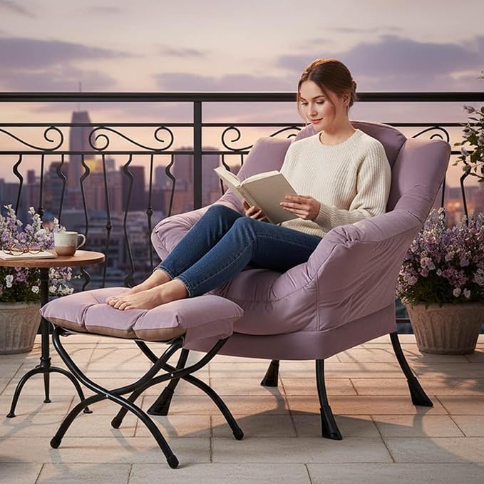 Tiita Lazy Chair with Ottoman, Purple Modern Large Accent Armchair, Comfy Leisure Sofa Reading Chair with Footrest for Bedroom, Living Room, Dorm Rooms, Garden, Velvet Light Purple
