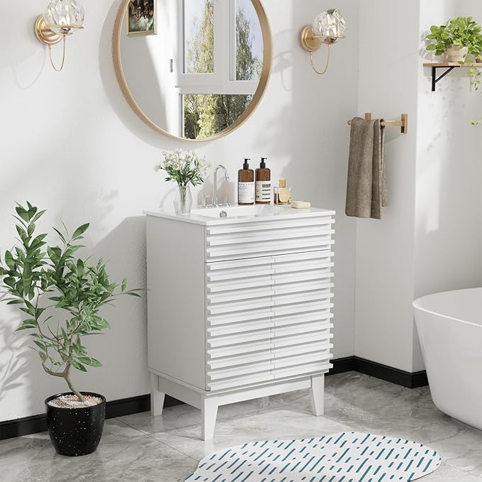 ROOMTEC 24" Bathroom Vanity with Sink, Mid-Century Freestanding Bathroom Vanity Sink with Storage, Undermount Ceramic Sink, Particleboard Frame with Wood Grain Laminate, White