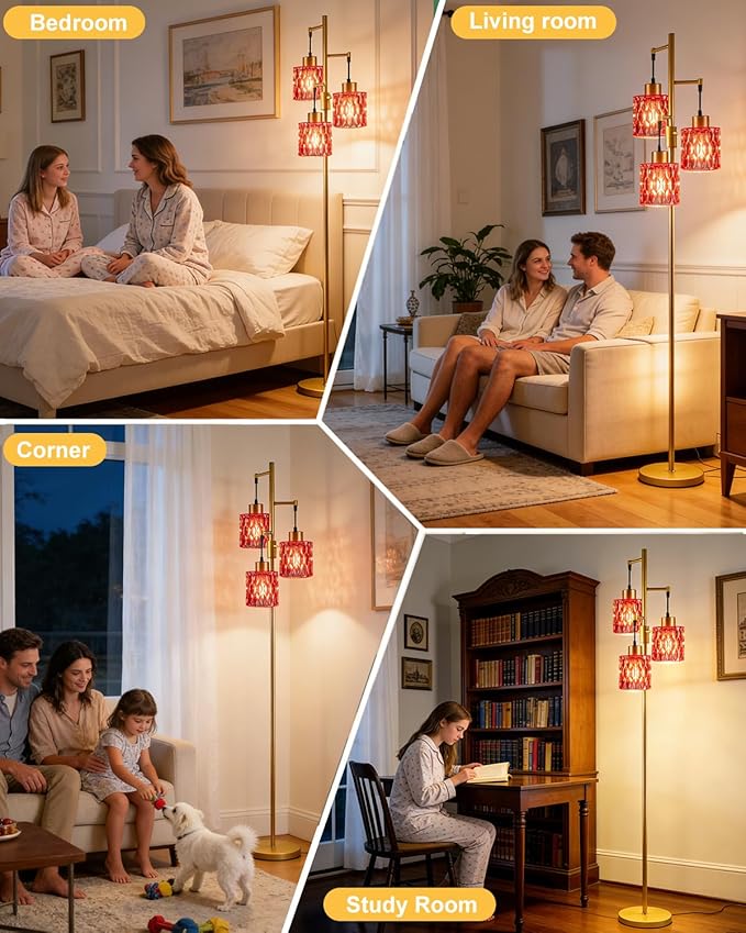 3-Light Modern Glass Floor Lamp, Gold Standing Tall Lamp with Deep Red Cylinder Glass Shade for Reading, Dimmable LED Floor Lamp with 5Lbs Heavy Base for Living Room Bedroom Home Decor, Bulb Included