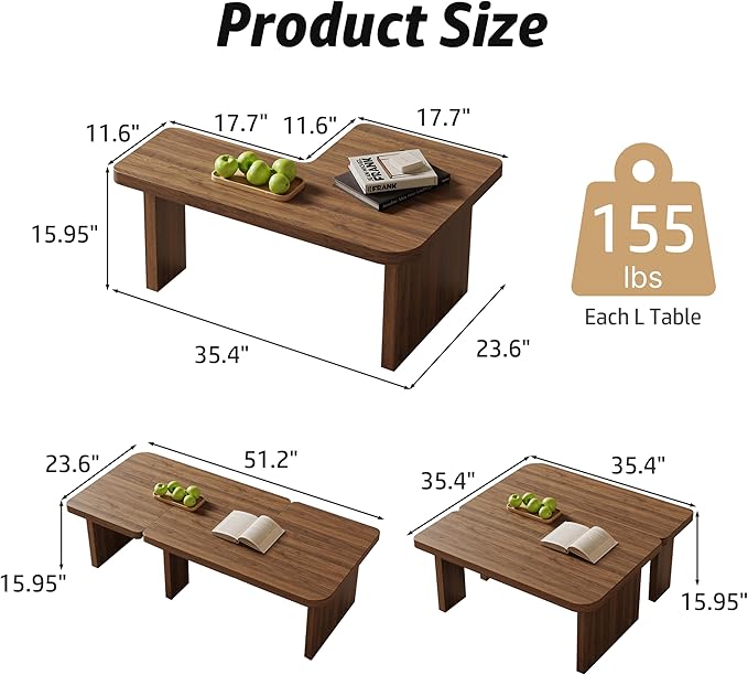 Mid Century Modern Coffee Table for Living Room, Wood Coffee Table with Free Adjustable Shape, Square Living Room Table Minimalist Tea Table, Brown Nesting Table Set of 2