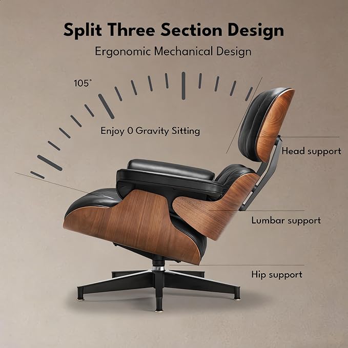 Top Black Grain Leather, Mid Century Chaise Lounge Chair and Ottoman, Leather Accent Chair, Modern Chair, Classic Design, Heavy Duty Base Support for Living Room Lounge Office, Walnut, Heightening