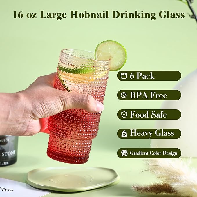 Large Capacity 16 oz Hobnail Drinking Glasses Set of 6, Vintage Glassware Drinking Glasses, Gradual Red Water Glasses Tumbler, Christmas Gifts for Women