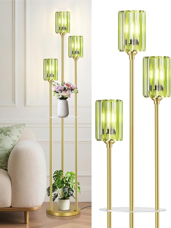 Crystal Floor Lamps for Living Room, Glass Modern Floor Lamp with Shelves, Mid Century Standing Lamps with Table, Brass Tall Lamp with Crystal Shade Vintage Retro Corner Floor Lamp (Green Cystal Gold)