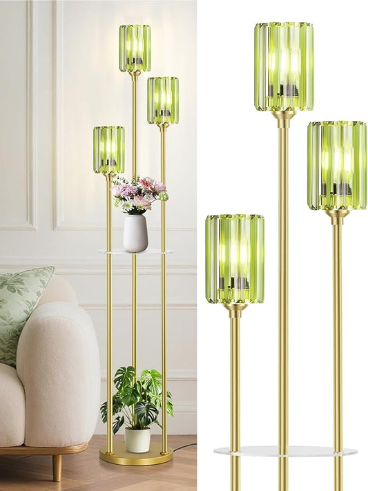 Crystal Floor Lamps for Living Room, Glass Modern Floor Lamp with Shelves, Mid Century Standing Lamps with Table, Brass Tall Lamp with Crystal Shade Vintage Retro Corner Floor Lamp (Green Cystal Gold)