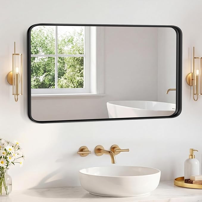 NEWBULIG 30X48 Inch Bathroom Mirror for Over Sink, Wall Vanity Mirrors Tempered Glass, Anti-Rust Metal Framed Rounded Rectangle, Hangs Horizontally or Vertically, Farmhouse Home Decor, Black