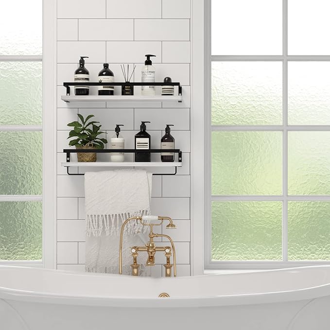 Floating Shelves for Wall, Bathroom Shelves with Towel Bar, Wall Mounted Storage Shelves for Kitchen, Bathroom, Set of 2 White