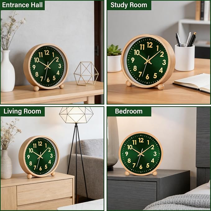 Maxspace Wooden Table Clock,8in Silent Non-Ticking Desk Clock,Battery Operated Desktop Analog Clock for Living Room Office Bedroom Decor (Green Gold - Log, Wooden Ball Base)