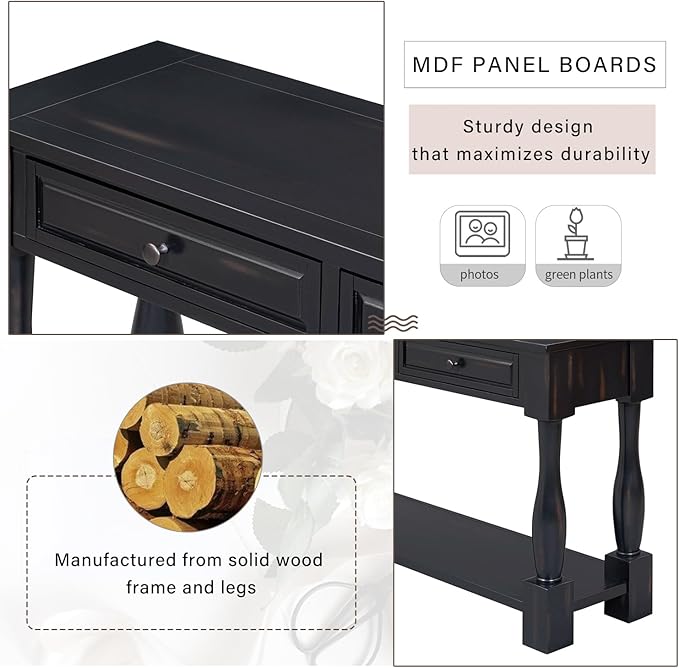 merax LUMISOL 64 inch Long Console Table with 3 Drawers and Bottom Shelf, Sofa Table Entryway Table for Hallway, Living Room, Easy Assembly (Distressed Black)