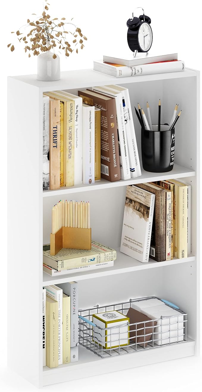 Furinno Jaya Book Shelf, 3-Tier Bookshelf, Bookcase with Adjustable Shelves, 9.5 x 24.5 x 40.3, for Organization and Storage, for Living Room, Bedroom, Home Office, White