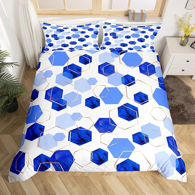Erosebridal Blue Geometric Bedding Sets | Royal Blue Modern Abstract Kids Duvet Cover Geometric Marble Art Bed Set Queen | Watercolor Hexagon Aesthetic Bed Cover for Men Women (No Comforter)