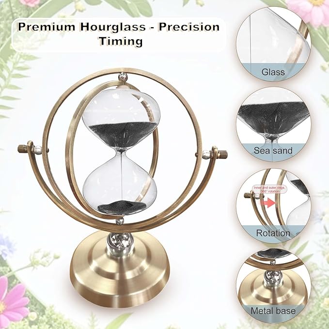 Brass Hourglass 15 Minute, 720° Rotating Vintage Metal Sand Timer, Large Black Sand Watch 15 Min, Unique Glass Sand Clock for Gifts, Wedding, Home, Desk, Office Decoration