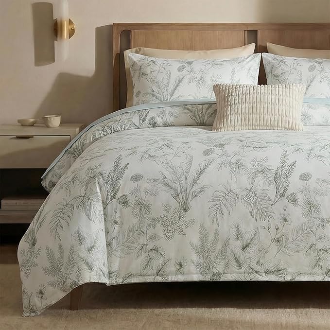 Duvet Cover Set King Size 100% Nature Cotton Reversible Botanical King Duvet Cover Set 3 Pieces Soft & Breathable Bedding Set with Zipper Closure & Corner Ties