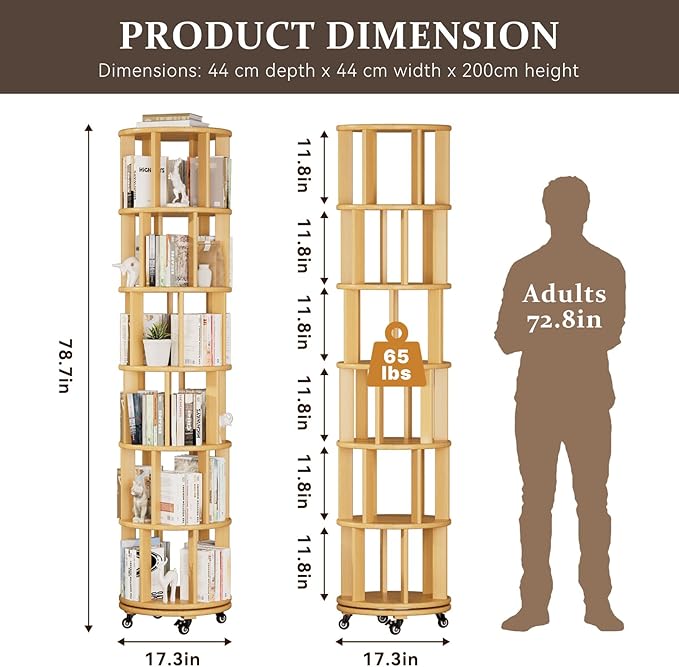Rotating Bookshelf Tower with Wheels, 6 Tier Solid Wood Round Spinning Bookshelf Tower, 360° Revolving Bookcase Rolling for Kids Adult, Rotation Book Shelf for Bedroom, Living, Office, Corner, Natural