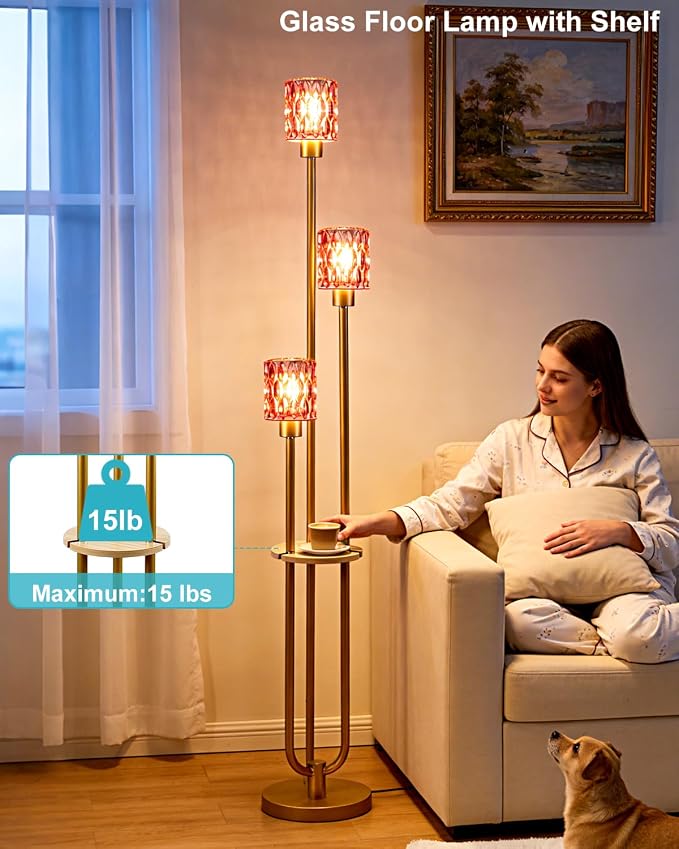 Lightdot 3-Lights Floor Lamp for Living Room Modern Gold Floor Lamp with Rose Red Glass Shade for Wedding/Party Farmhouse Tall Standing Lamp with 5Lbs Heavy Base for Bedroom/Sofa Beside/Corner Decor