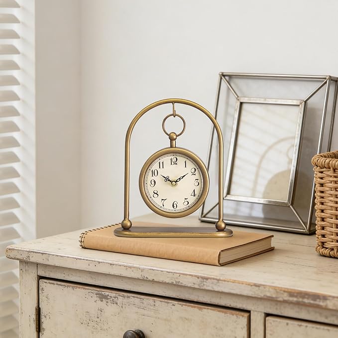 Vintage Small Gold Table Clock, Farmhouse Table Clock, Silent Non-Ticking Battery Operated Desk and Shelf Clocks for Living Room Bedroom Kitchen Home Decor
