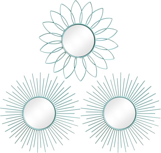 3 Pack Metal Mirrors for Wall Sunburst Wall Mirrors Home Décor Decorative Hanging Wall Art for Living Room Bedroom Entryway (Blue, Flower+Sunburst)