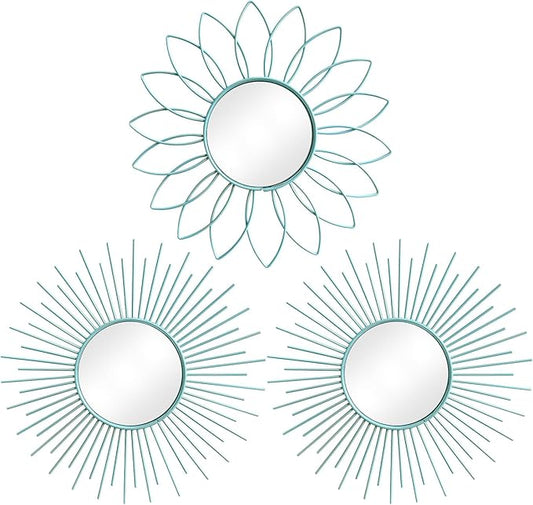 3 Pack Metal Mirrors for Wall Sunburst Wall Mirrors Home Décor Decorative Hanging Wall Art for Living Room Bedroom Entryway (Blue, Flower+Sunburst)