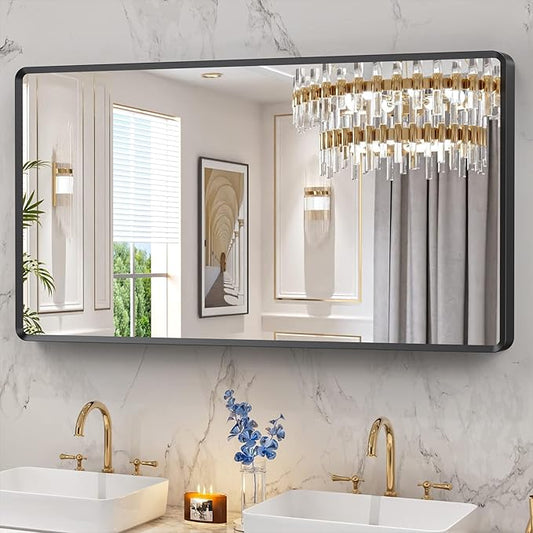 55x36 inch Large Black Bathroom Vanity Mirror, Rectangle Metal Aluminum Frame, Shatter-Proof, Horizontal or Vertical Hanging, Modern Bathroom Decor