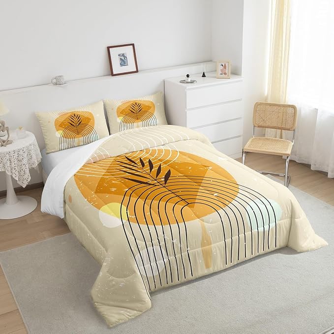 Erosebridal Geometric Stripe Bedding King Retro Aesthetic Comforter Set, Beige Minimalism Duvet Insert Modern Artwork Down Comforter, Mid Century Bedding Comforter Sets with 2 Pillowcase Super Cozy