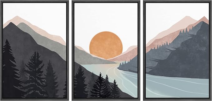 wall26 Framed Canvas Print Wall Art Set Mountain Range Sunlight Horizon Abstract Nature Illustrations Modern Art Nordic Decorative Minimal Boho for Living Room, Bedroom, Office - 24"x36"x3 Black
