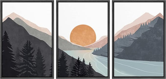 wall26 Framed Canvas Print Wall Art Set Mountain Range Sunlight Horizon Abstract Nature Illustrations Modern Art Nordic Decorative Minimal Boho for Living Room, Bedroom, Office - 24"x36"x3 Black