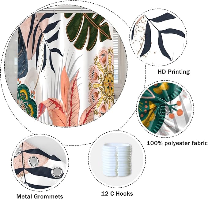 Abstract Mid Century Bathroom Shower Curtain - Colorful Boho Tropical Leaves With Hooks, Polyester Waterproof Fabric, Home Bathtub Decorative, 72x78 Inch